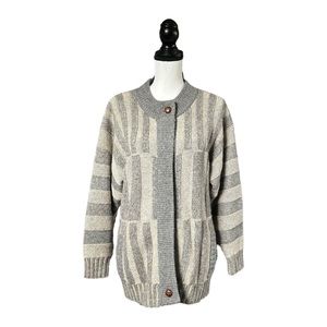 VTG LeRoy Knitwear 100% Wool Neutral Stripe Zip Up Cardigan Sweater Grannycore M